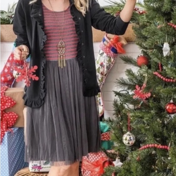 MATILDA JANE ‘Twas the Night Charcoal Gray/Red Striped Tulle Dress, Medium, GUC. - Picture 9 of 11